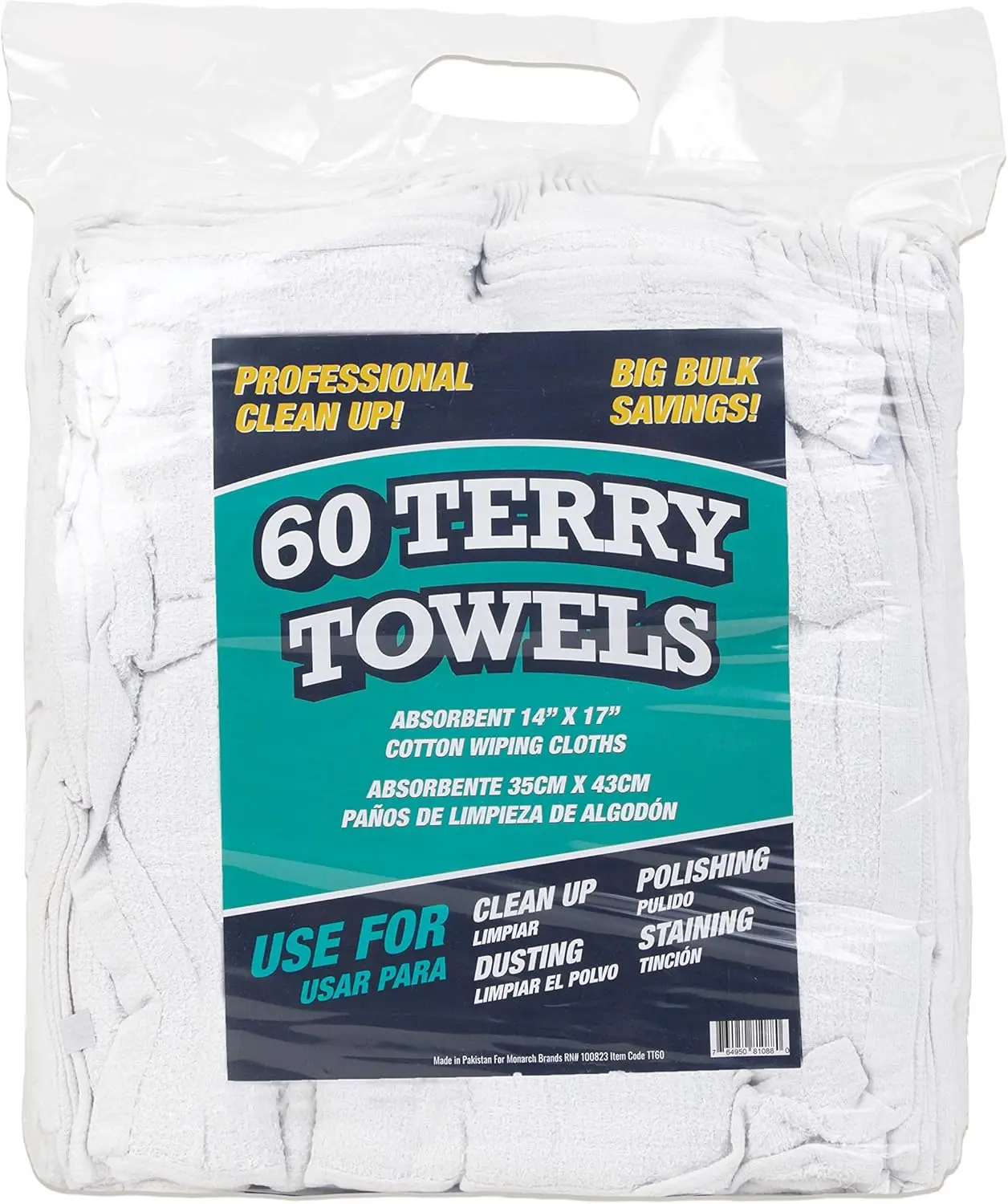 

Arkwright TT60 Terry Cloth Towels for Cleaning - (Pack of 60) 100% Cotton Washable Heavy Duty Bar Mop, Absorbent & Quick Drying,