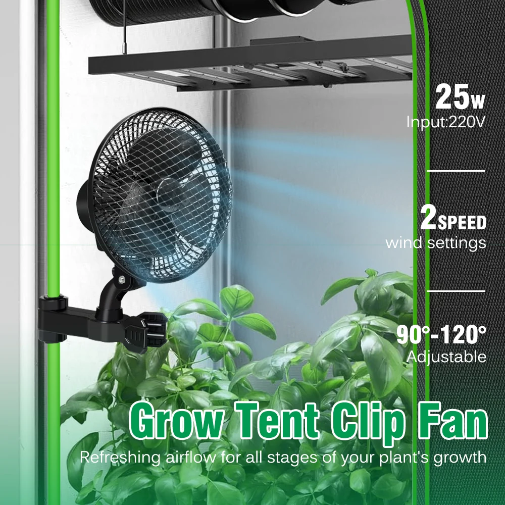 25W Grow Tent Clip Fan 220V with Adjustable Angle 90°-120° 2-Speed Control Strong Flow Anti-slip Clip Design