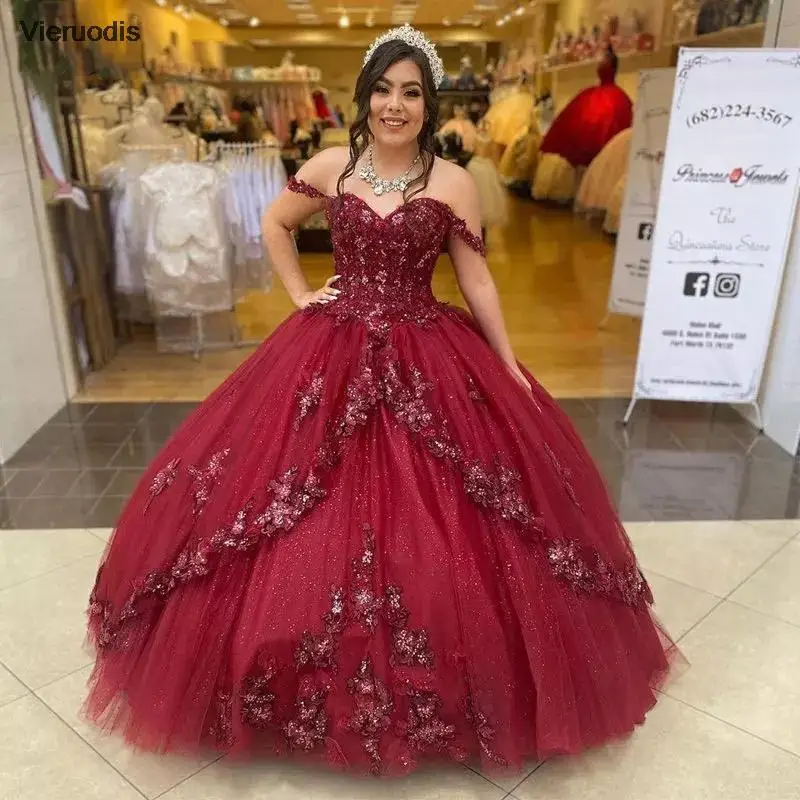 

Burgundy Quinceanera Dresses 2021 Sweetheart Off The Shoulder Appliques Sequins Party Princess Pageant Sweet 15 Ball Gown