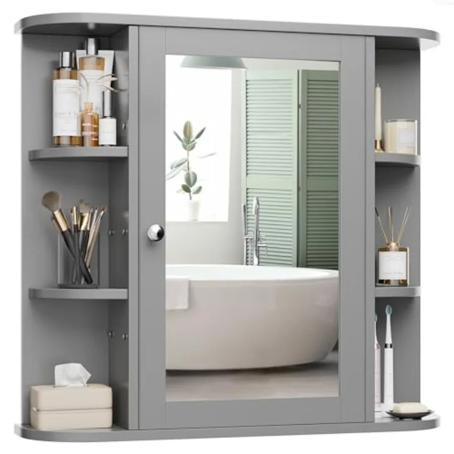 

Bathroom Mirror Cabinet Wall Mounted, Medicine Cabinet with Mirror and 6 Open Shees, Modern Bathroom Wall Cabinets Medicine Cab