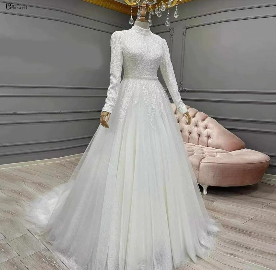 Vestido De Novia musulmán De lujo De Dubái, Vestidos De Novia De tul con cuentas De encaje brillante y cuello alto, Vestidos De Novia con mangas 2024