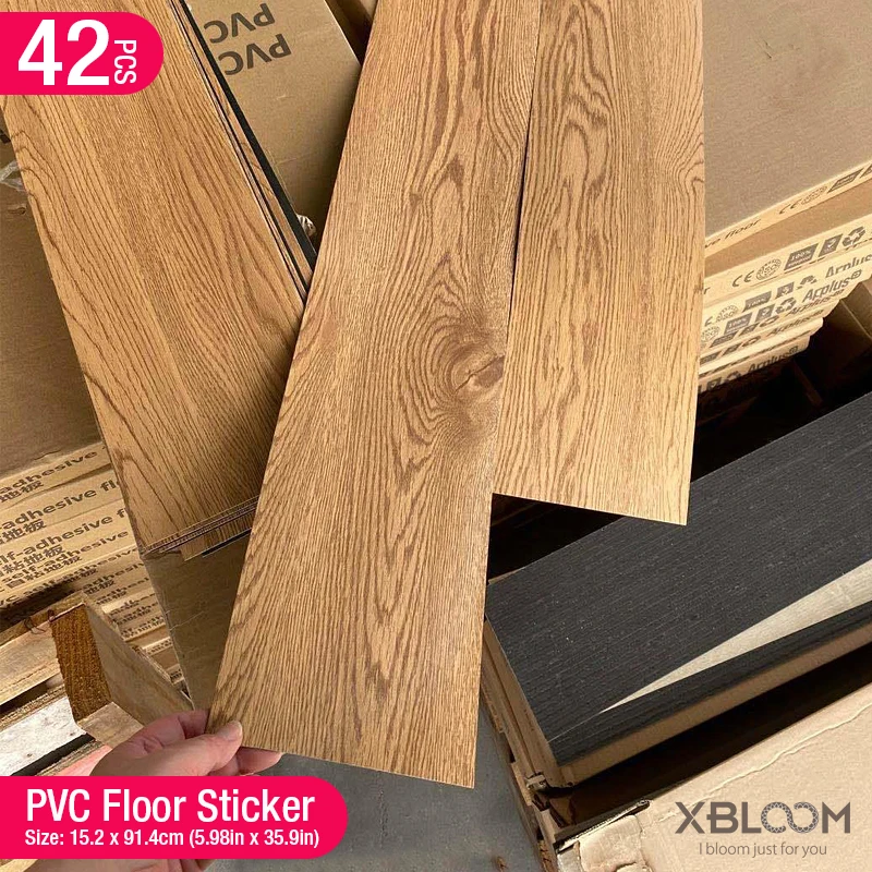 (pack of 42pcs/6m²) PVC Self-adhesive Wood Grain Floor Wall Sticker Living Room Toilet Kitchen Waterproof Sticker 15.2 x 91.4cm