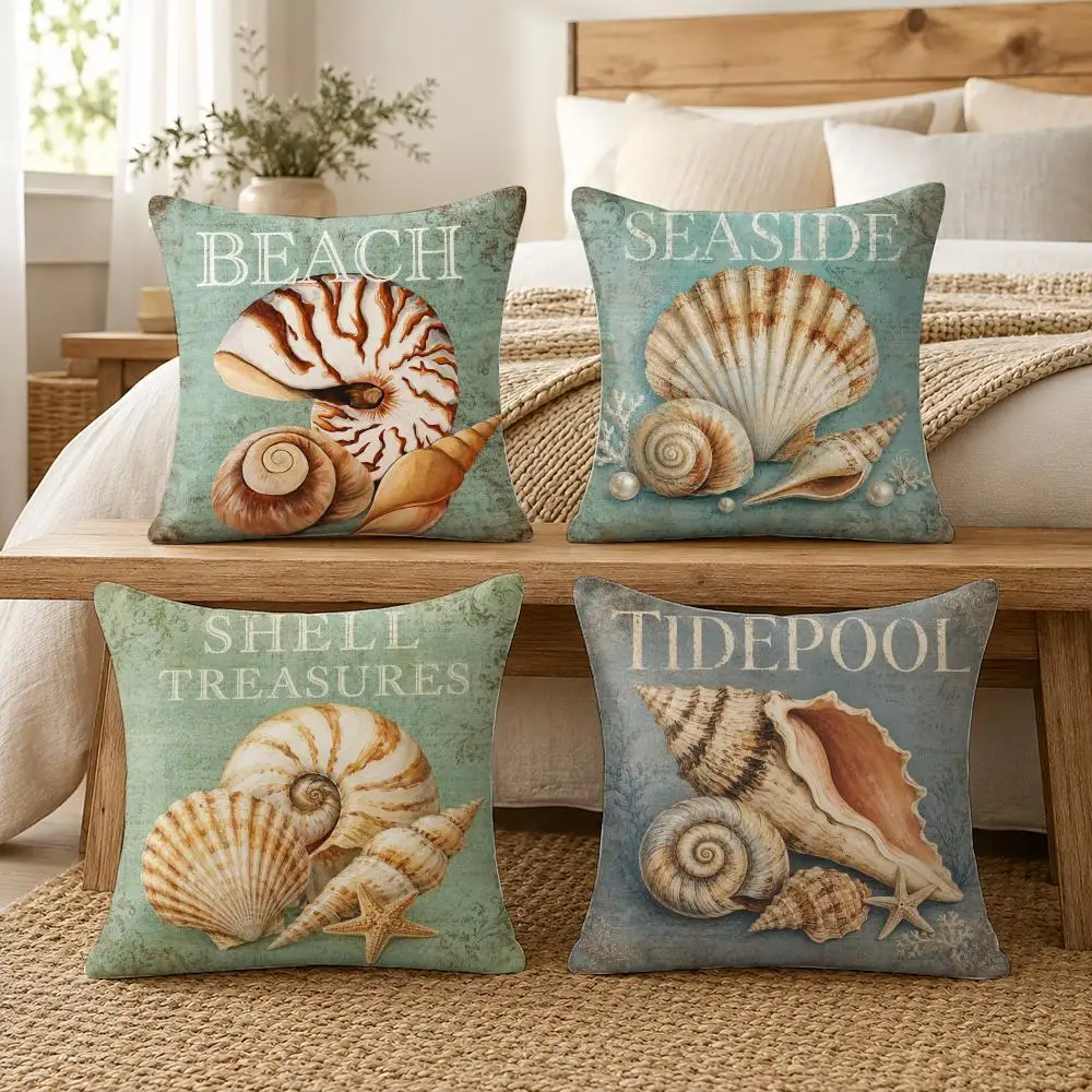 Vintage Coastal Shell Cushion Cover Soft Short Plush Pillow Cover Smooth Cozy Texture Aesthetic Cushion Case Home Decor