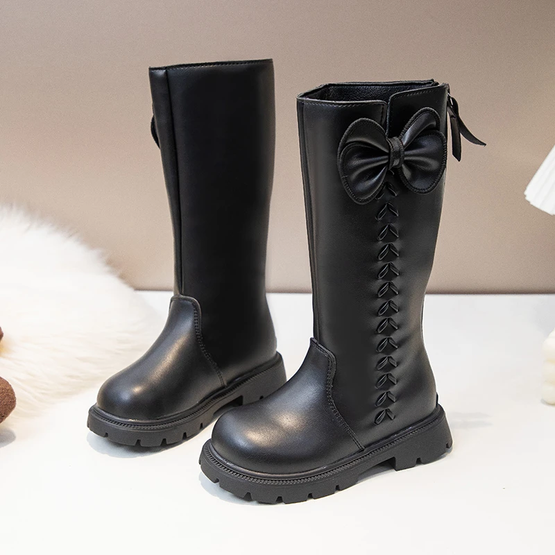 الفتيات أحذية الأميرة نمط الاطفال أحذية طويلة الحلو الأقواس الكبيرة الخريف الأطفال أحذية عالية أصابع مستديرة الجانب البريدي الاطفال أحذية لفتاة #2