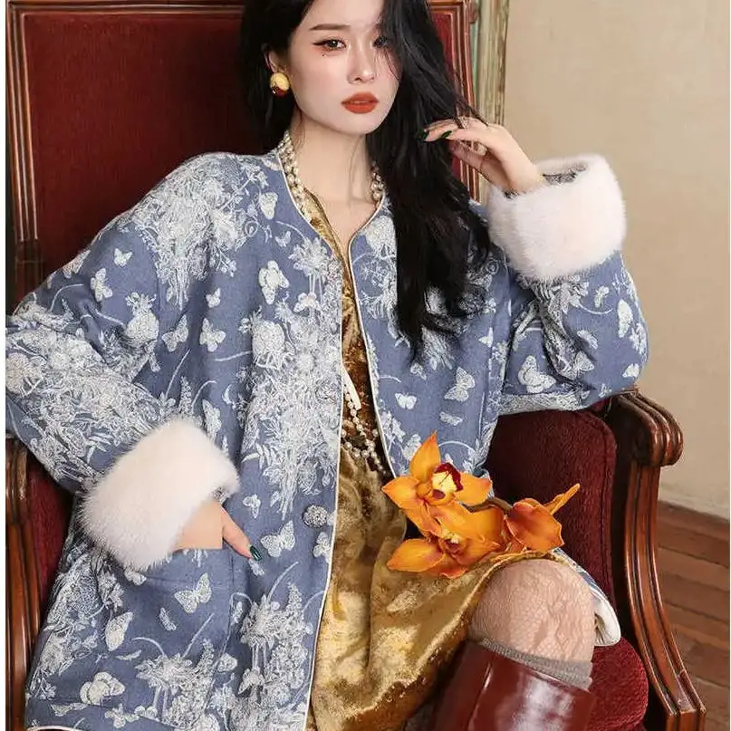 Korea Autumn Winter New Heavy-Duty Jacquard Splicing Denim Jacket Lace Long-Sleeved White Shirt Women'S Design Top