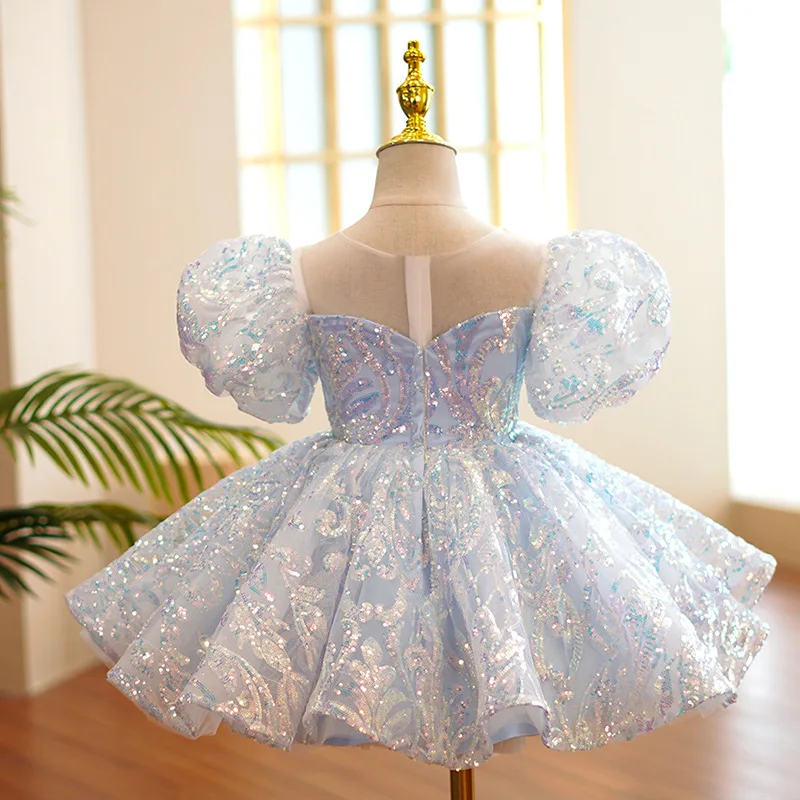 Vestido azul céu para menina, vestidos de festa de aniversário infantil, vestido de lantejoulas de baile, vestido de luxo de 2 a 14 anos, 2023
