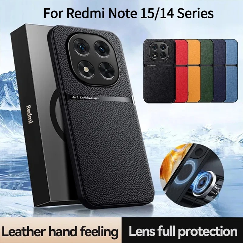 High End Luxury Lychee Leather Car Mount Magnetic Case for Redmi Note 15Pro Plus 15 14 Pro Camera Protect Shockproof Phone Cover