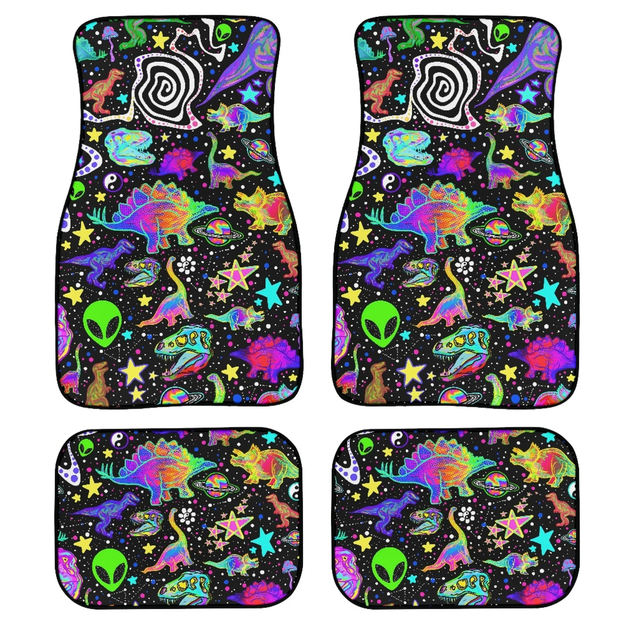 4pcs Luxury Psychedelic Dinosaur Car Floor Mats - Absorbent, Non-Slip & Washable Polyester - Vibrant Space-Themed Design With UF