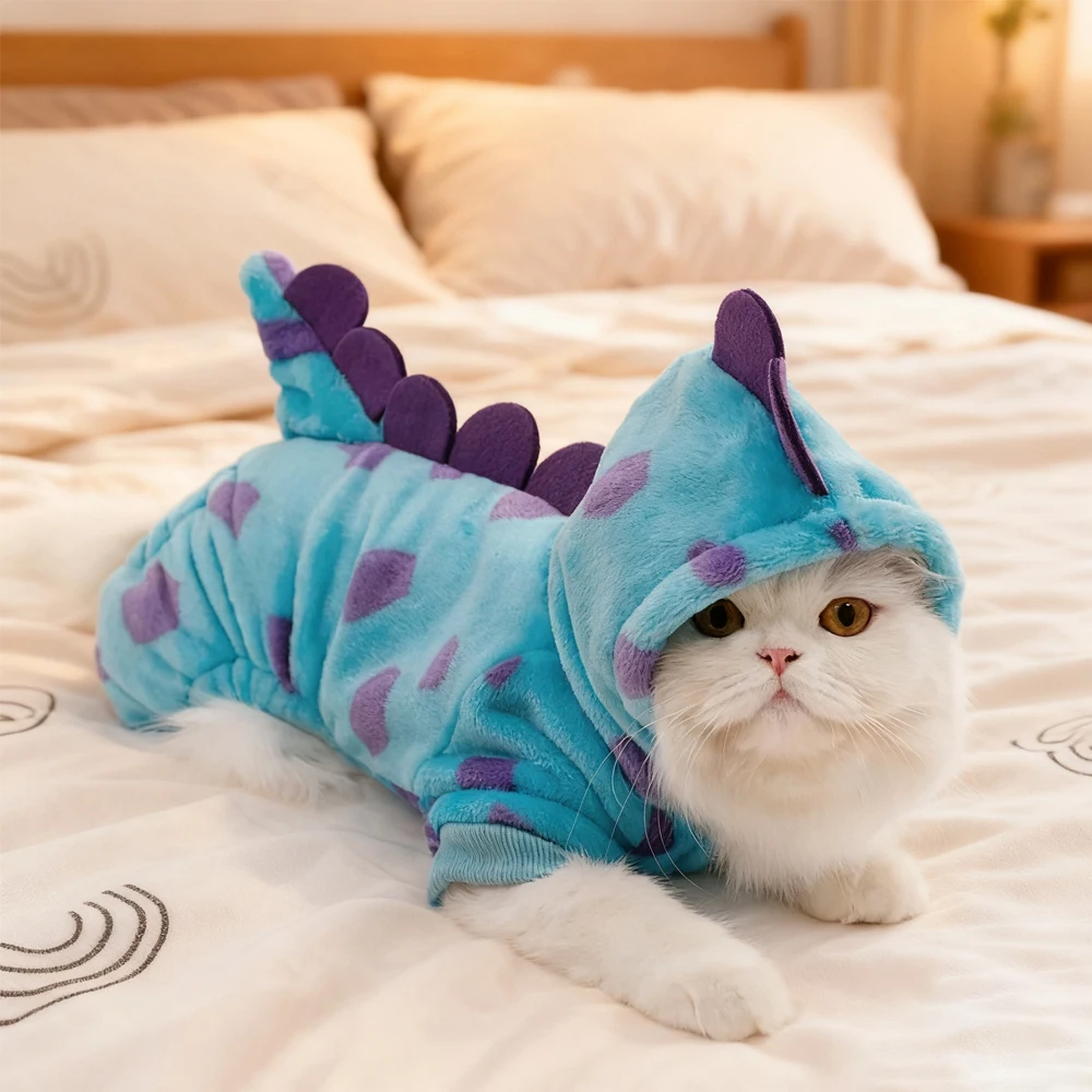 Disfraz de dinosaurio monstruo Premium para mascotas, traje de cuatro patas de felpa bonito de invierno con capucha para perros pequeños y gatos, ropa de moda