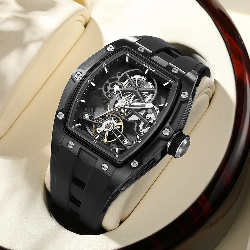MEGIR 2242 Popular Black Wine Barrel Tourbillon Automatic Mechanical Watches Luxury Hollow Dial Waterproof Luminous Mens Watch