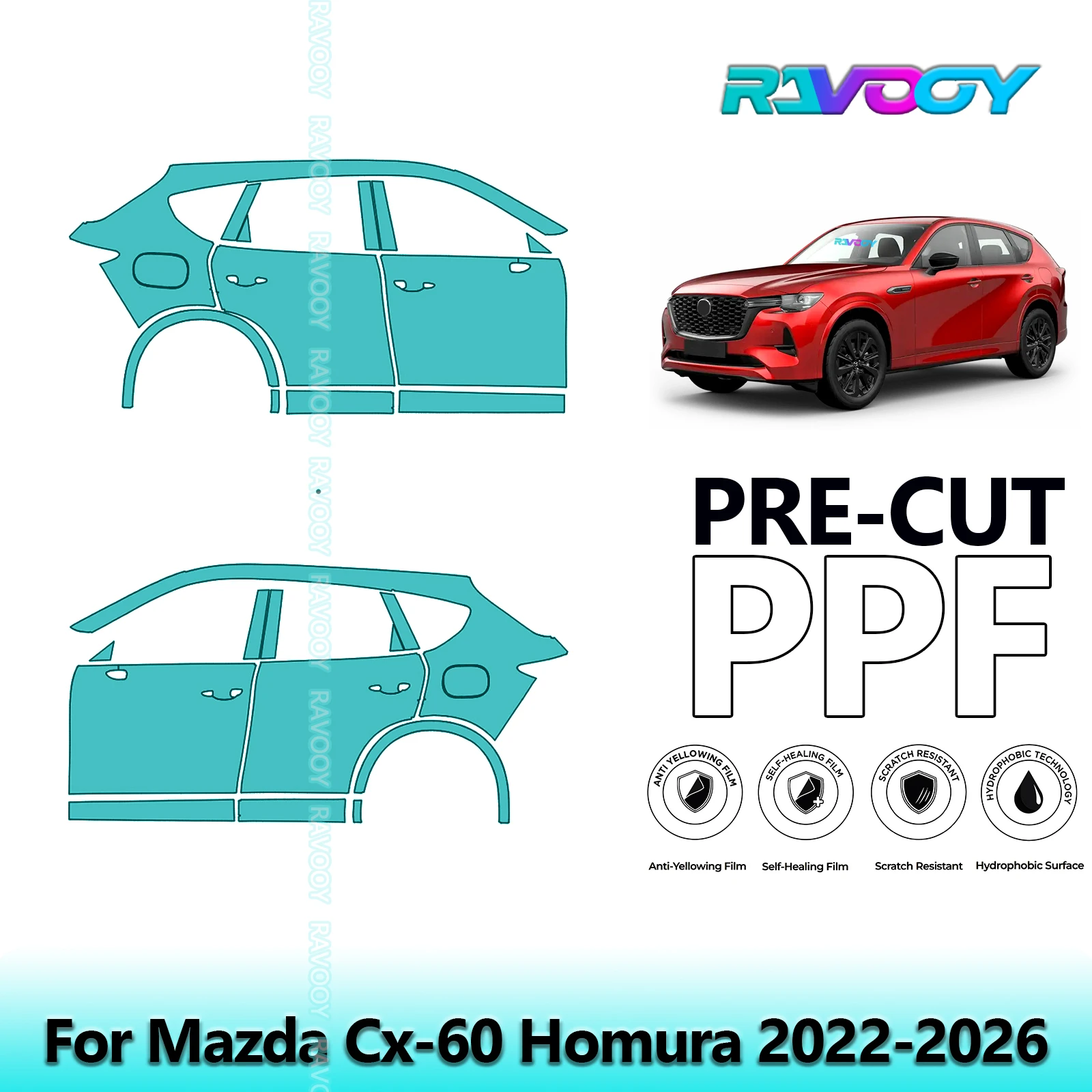 

For Mazda Cx-60 Homura 2022-2026 8.5mil Clear Matte Pre-Cut PPF Door & A/B Pillar Kit TPU Paint Protection Film Set