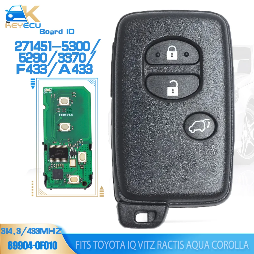 KEYECU Board ID: F433 / A433 / 271451-3370 / 5300 / 5290 Smart Card Remote Key Fob for Toyota IQ Vitz Ractis Aqua Corolla