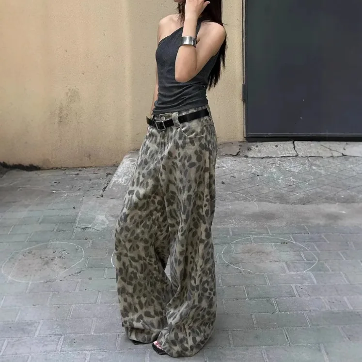 유럽과 미국의 복고풍 레오파드 프린트 청바지 여성 y2k 하이 스트리트 베이브 힙합 힙합 캐주얼 모핑 롱 팬츠