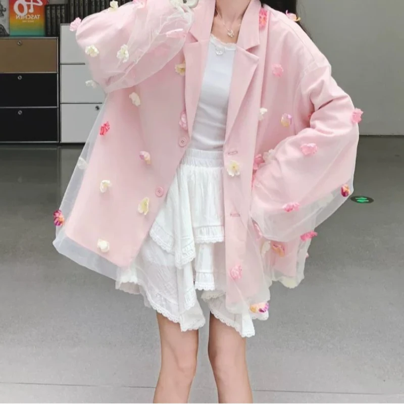 Gentle Wind Mesh Three-dimensional Flower Small Suit Jacket with Sweet Autumn Design Sense