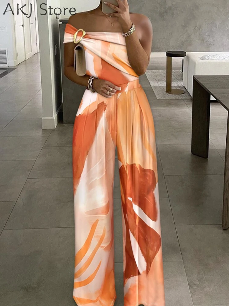 

Women Print One Shoulder Sleeveless Pleated Jumpsuit Casual Wide Leg Jumpsuit
