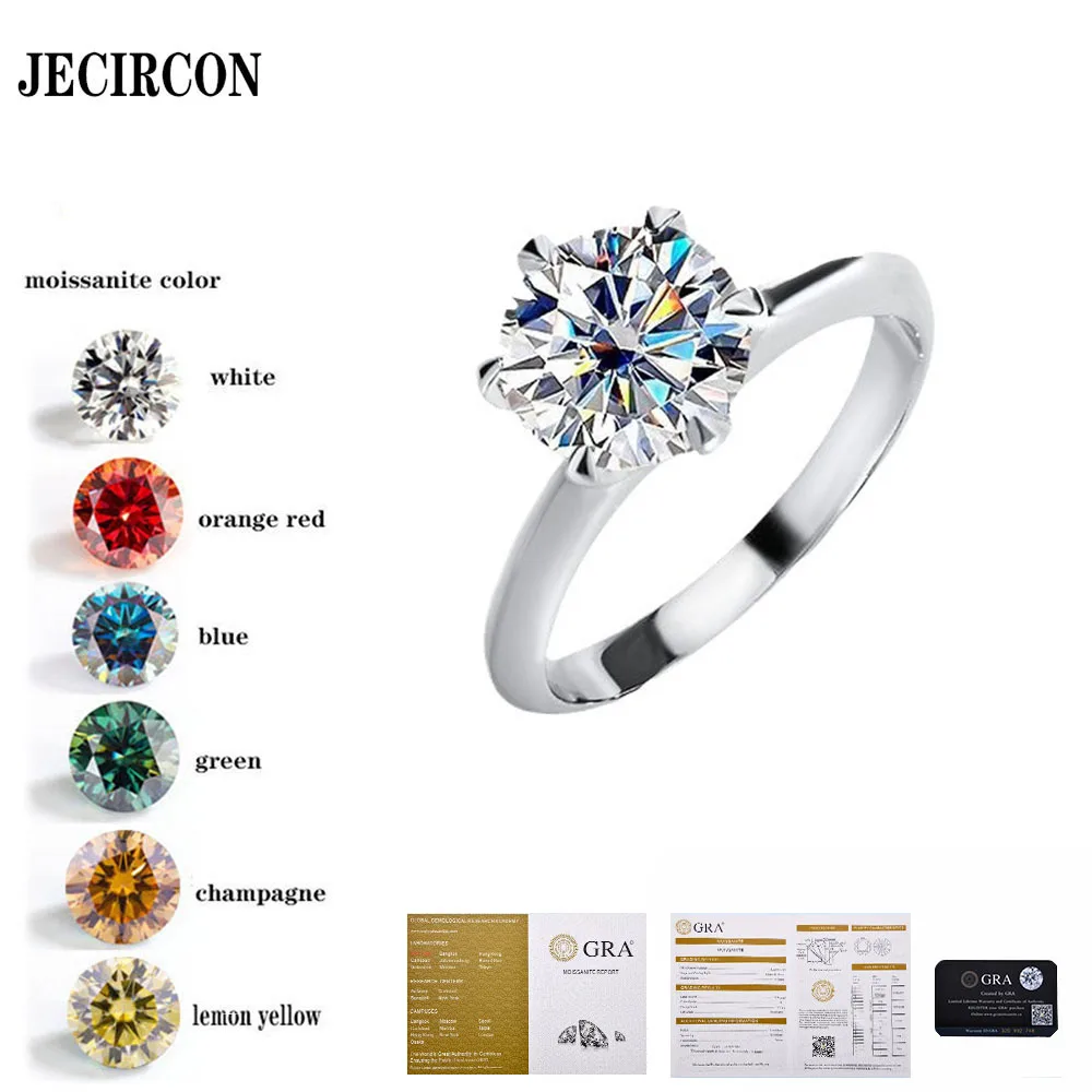 

JECIRCON Classic 6 Claw Moissanite Ring for Women 925 Sterling Silver 1ct Colorfull Diamond Light Luxuy Proposal Band Jewelry