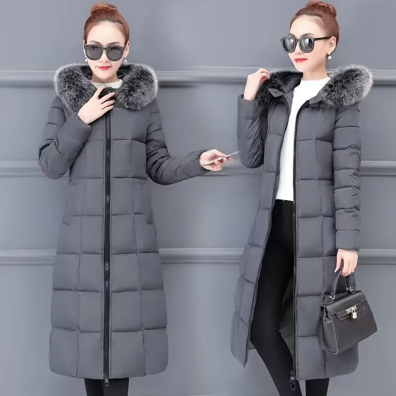 Women Winter Down Cotton Coat Big Fur Collar Jacket Female Long Hooded Over The Knee Thicken Slim Warm Cotton Jacket Parka Lady