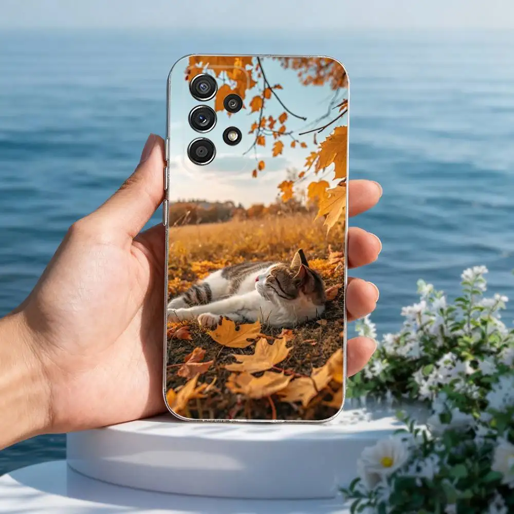 كسول القط في الخريف يترك الهاتف لسامسونج A30,71,51,S20,10,9,Ultra,FE,Lite, S21,23,22,PIus,شفاف,حافظة سيليكون