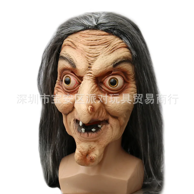 Halloween Long Hair Horror Old Witch Headset Old Man Latex Mask Old Granny Face Zombie Prop