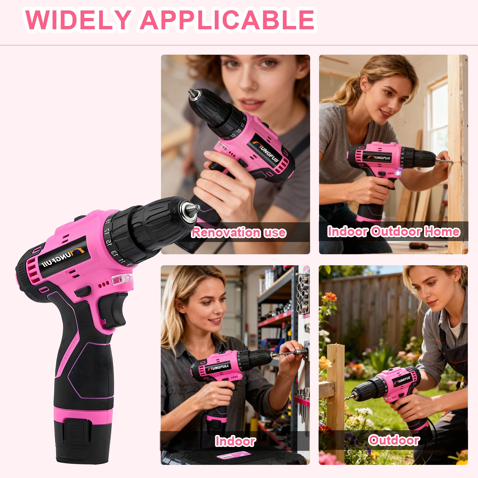 12V Cordless Drill Driver Kit Power Drill Driver Portable Home Decor Kit Screwdriver Drill Set Pink for Women DIY Enthusiasts