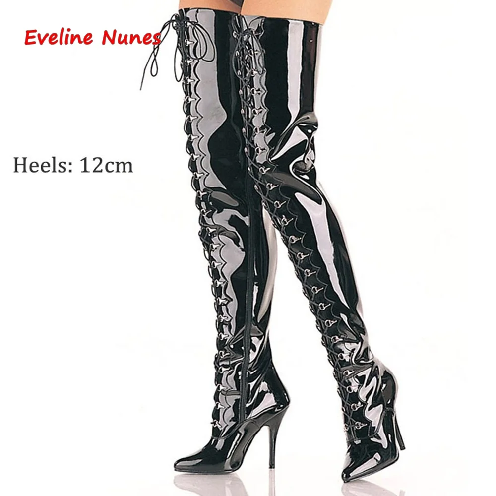 Botas por encima de la rodilla de Stiletto negro para mujer, zapatos sexys elásticos de cuero de marca de lujo con cremallera lateral y punta estrecha a la moda de talla grande