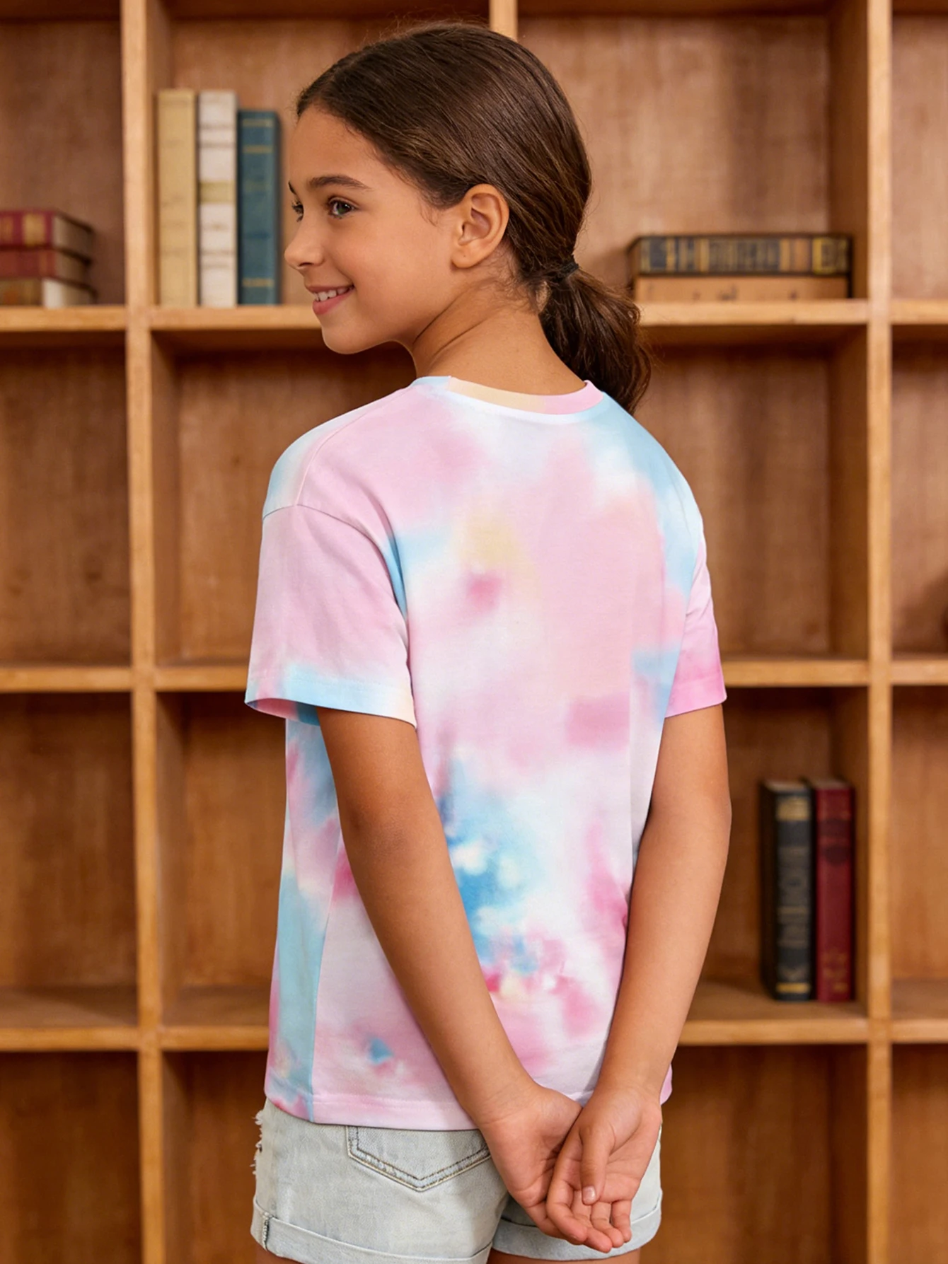2026 girls pink and blue gradual change tie-dye printed short-sleeved T-shirt, sweet casual top