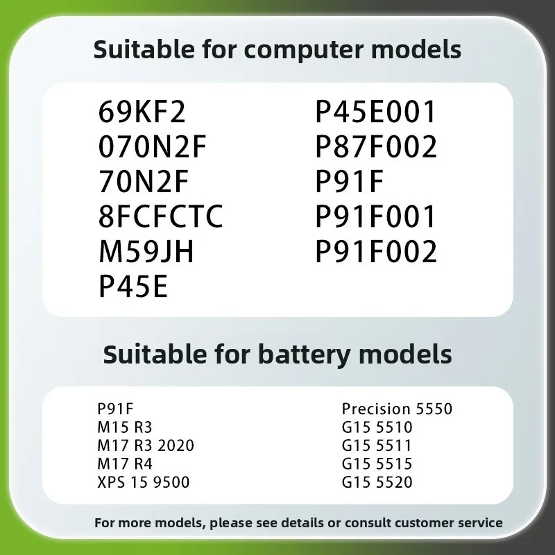 For Dell Alienware M15/17 R3 R4 R5 G15 5510 5511 5515 5520 XPS 15 9500 Precision 5550 69KF2 Laptop Battery Replacement Batteries