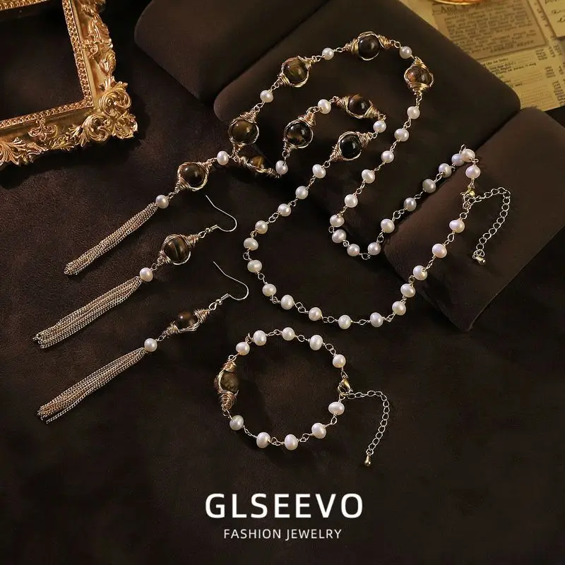 Design: A Set Of Three Jewelry Pieces Featuring A Natural Pearl And Tiger'S Eye Stone Including A Tassel Necklace B