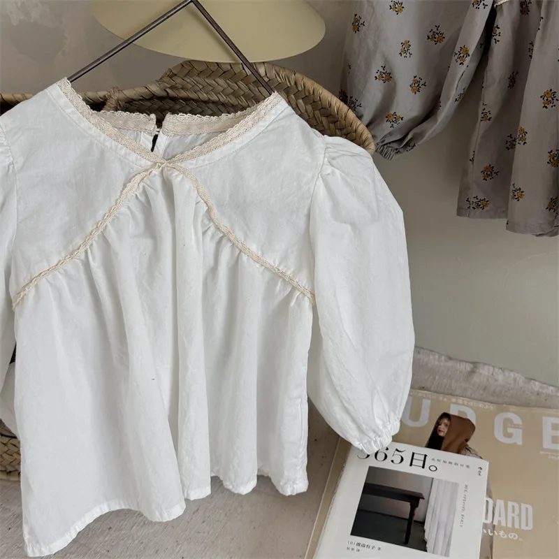 2025 Spring Ladies' Style Girls' Lace Shirt Children's Clothing Korean Japanese Style Washed Cotton Shirt