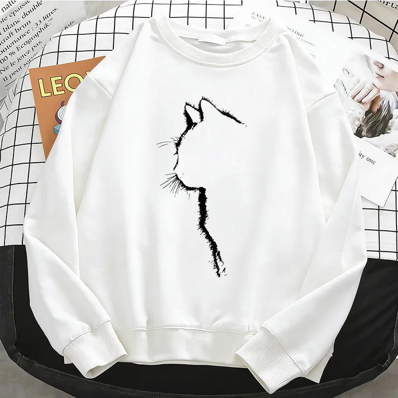 Cartoon Funny Aesthetics Cat Womens Hoodies Basic Warm Fleece Sweatshirt Soft 90s O-Neck Pullover Casual Female Clothes