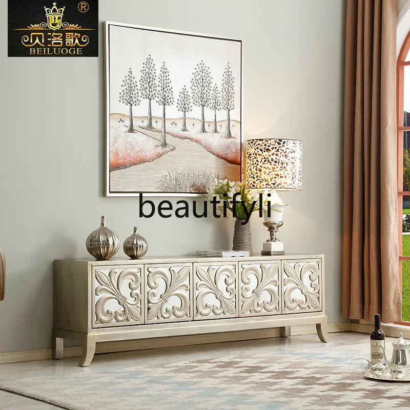 M178 Neoclassical glass TV cabinet engraved American champagne silver old low cabinet