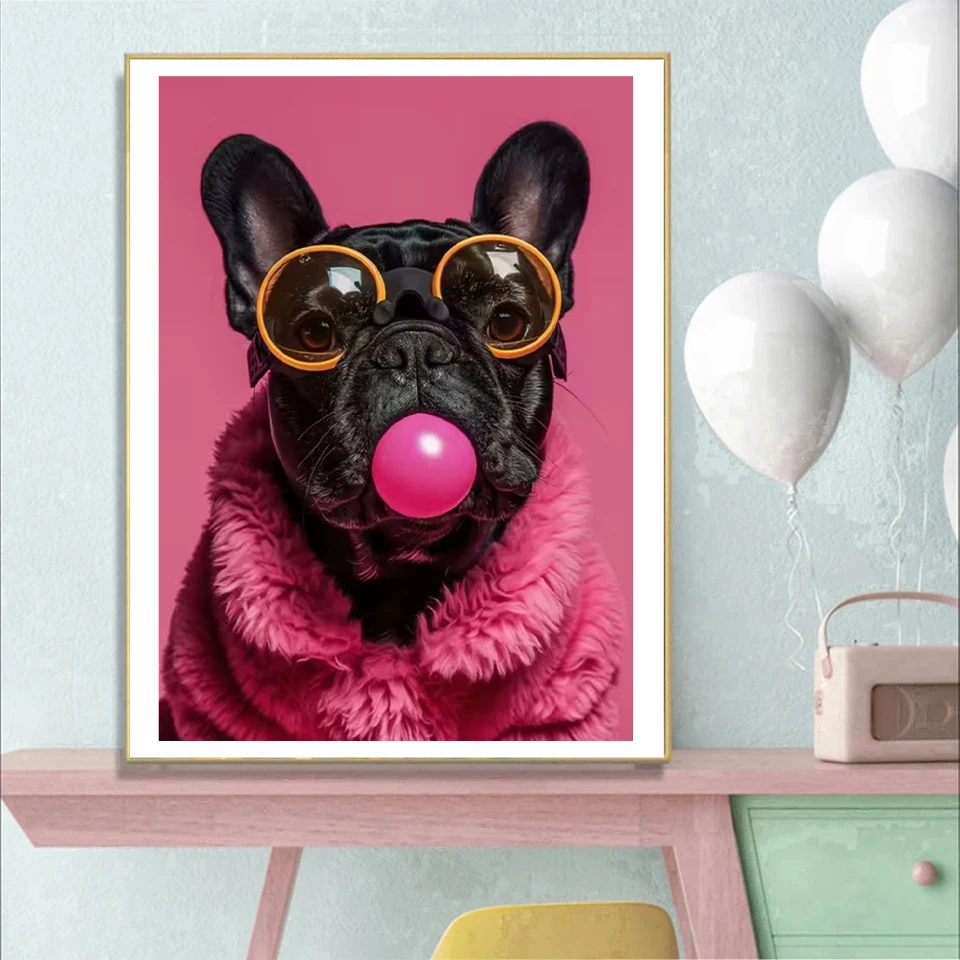 Dog Color Bubble Gum Sunglasses  Diamond Painting Samoye French Bulldog Corgi Canvas Painting Mural Living Room Home Decoration