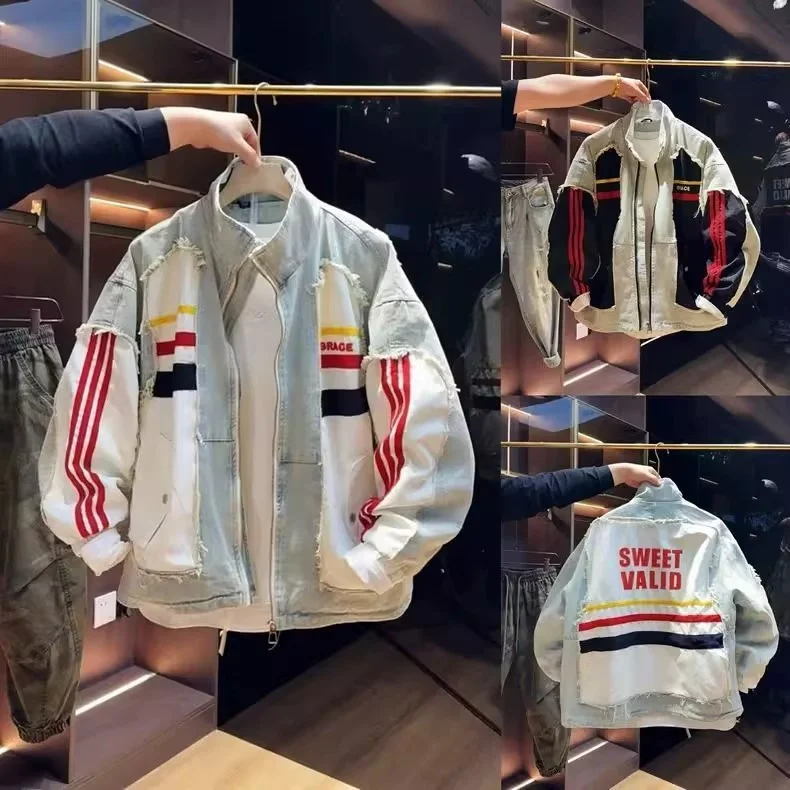 

Large Size 300 Pou American Splicing Stand Collar Jeans Jaet Men's Spring Autumn Faion Loose Casual Versatile Jaet T...