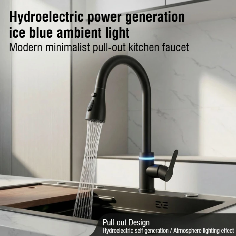 Stainless Steel Pull-Out Kitchen Faucet Equipped with Ambient Lighting Black Single Hole Hot and Cold Mixed Water Sink Faucet
