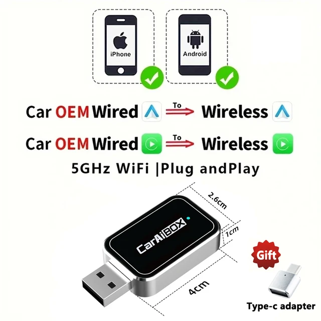 Euakee Draadloze CarPlay & Android Auto Adapter - Plug & Play, 5GHz WiFi, BT5.0