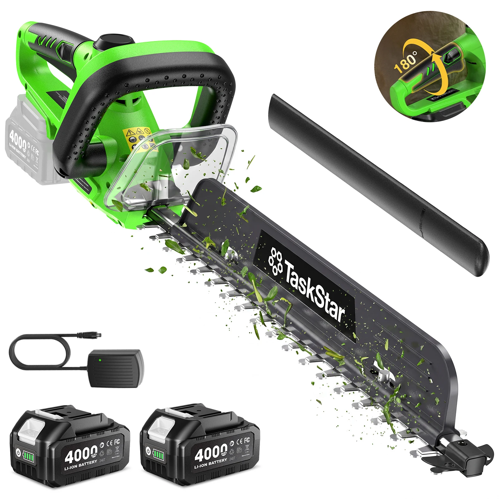 TaskStar 20V Elektrischer Heckenschneider mit 180 °   Drehbarer Griff & Schmutzfangvorrichtung, 22" Akku-Heckenschere mit 550mm Dual-Action SK5-Klinge & 2 4000mAh Akkus