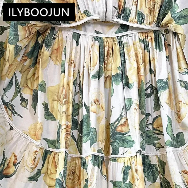 ILYBOOJUN-Jupe longue en coton pour femme, 100% coton, taille haute, jaune, rose, imprimé floral, élégante, fête, créateur de mode, printemps