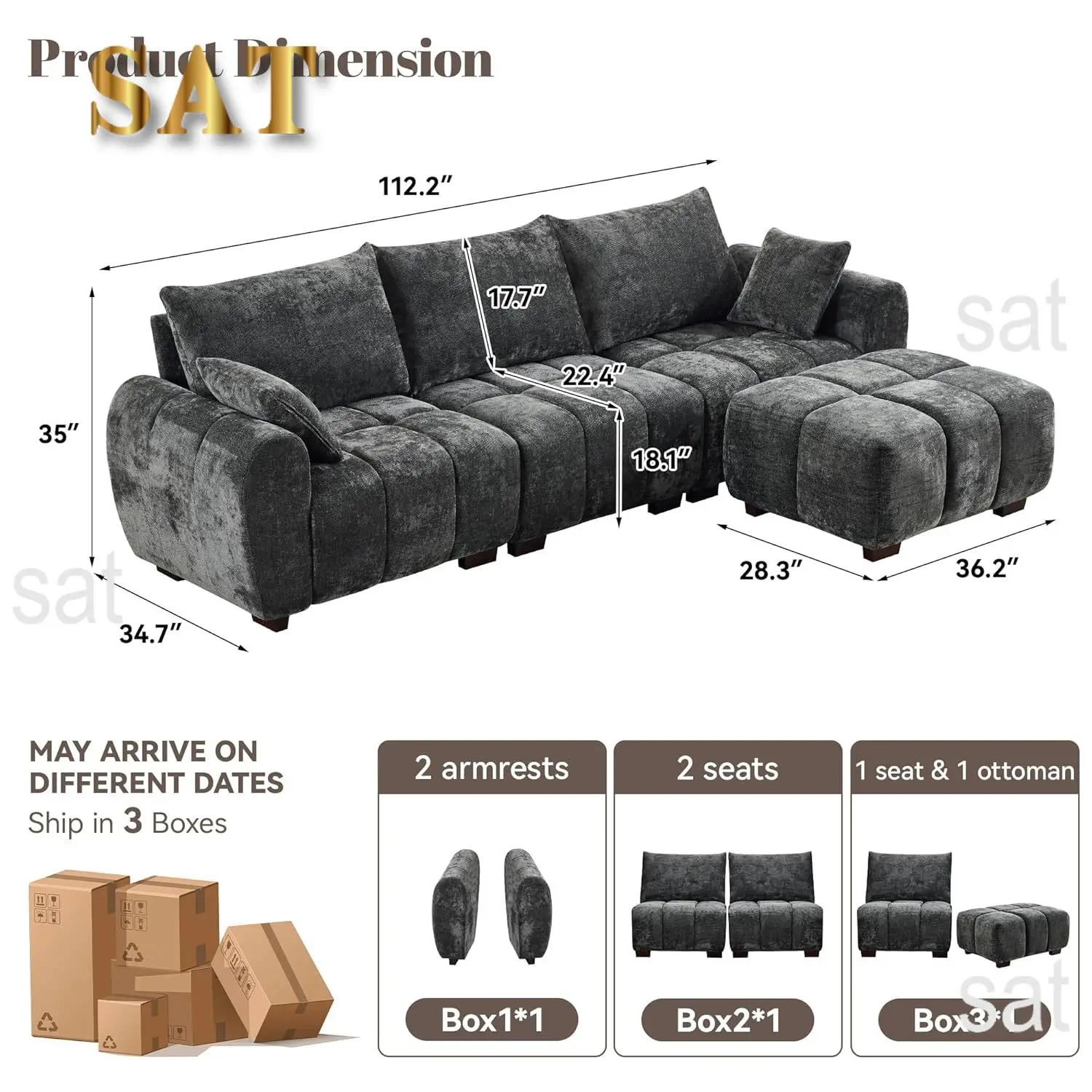 #112" Mid Century Modern L Shaped Couch, 3 Seater Modular Sectional Sofa with Movable Ottoman, Deep Seat and Solid Wood, Custom