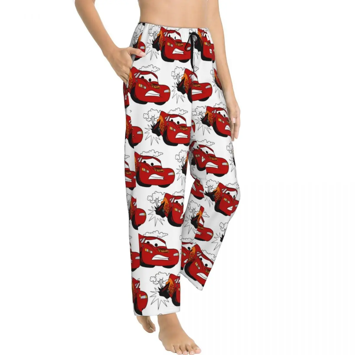 Custom Printed Women\'s Lightning Mcqueen Cartoon Cars Pajama Pants Sleepwear Sleep Lounge Bottoms with Pockets