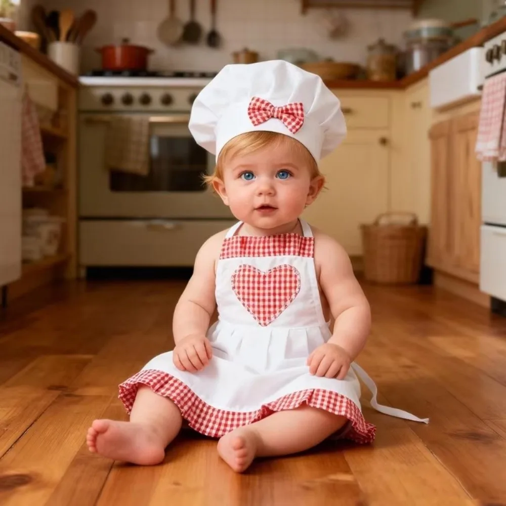 Red Gingham Baby Chef Costumes Heart Shape Costume Sets Infant Baker Outfits Studio Accessories Newborn Size