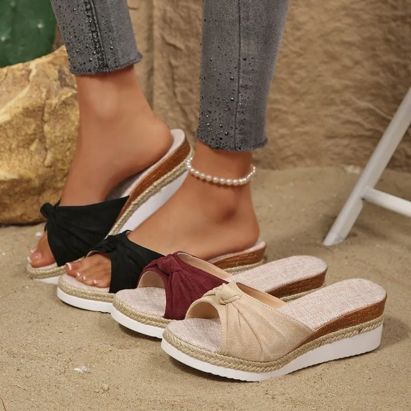 

Womens Wedge Sandals Slip on Knot Slippers Faux Suede Espadrille Platform Slides Summer Casual Beach Comfort Walking Footwear