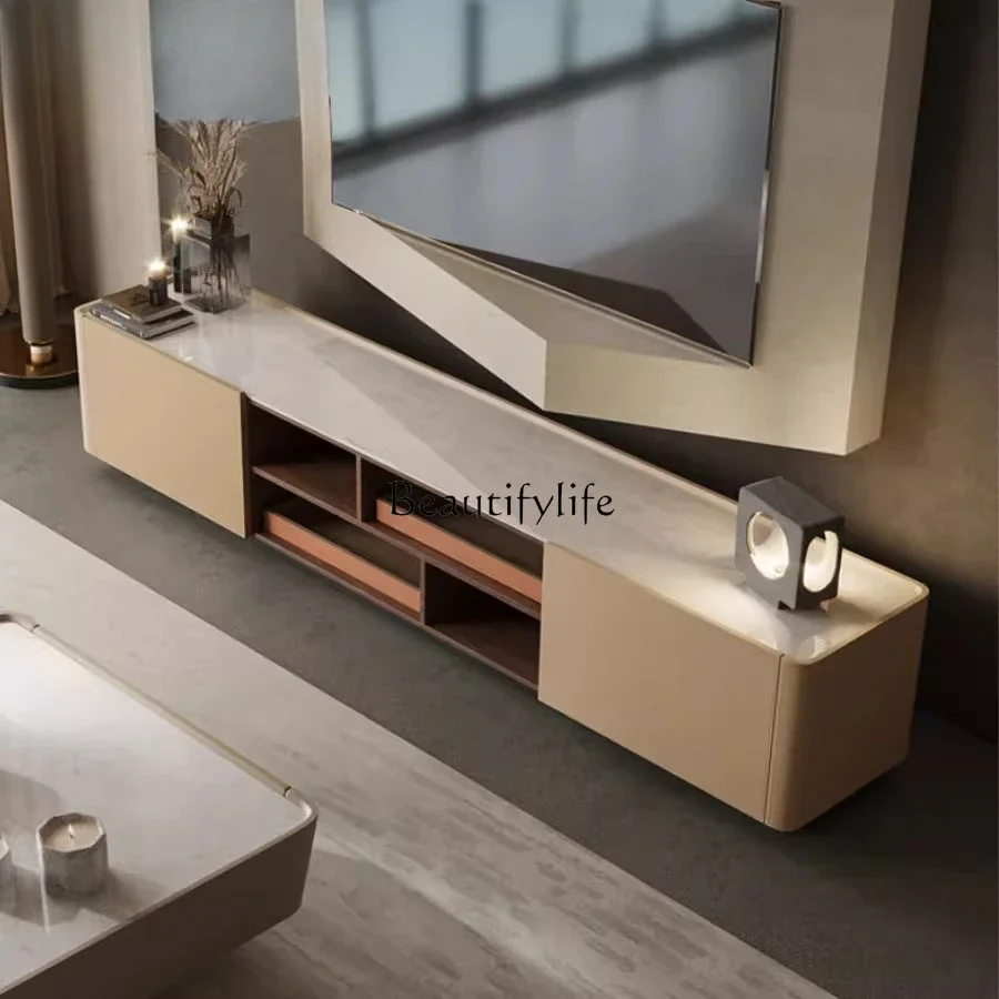 

LItalian minimalist solid wood coffee table TV cabinet combination light luxury rock slab living room floor cabinet