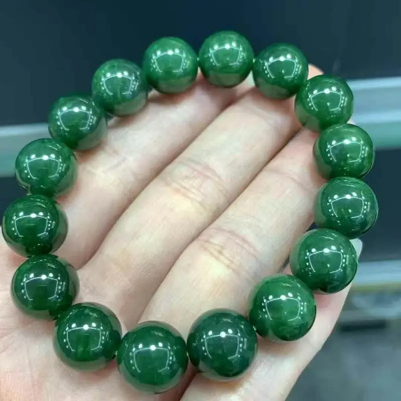 Natural Hotan Jade 12Mm Lake Green Single Circle Round Bead Bracelet Fashionable And Versatile