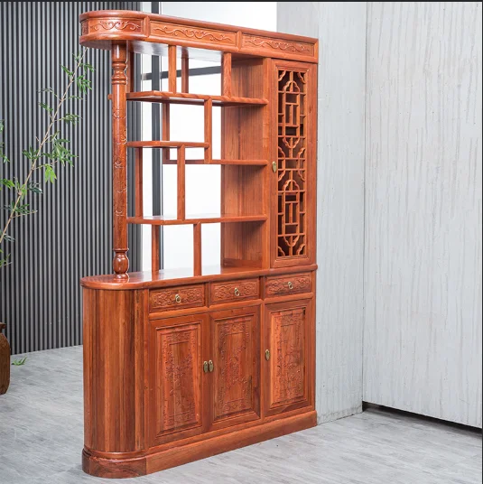 Chinese antique elm foyer cabinet carved screen partition entrance cabinet living room solid wood double-sided storage shoe