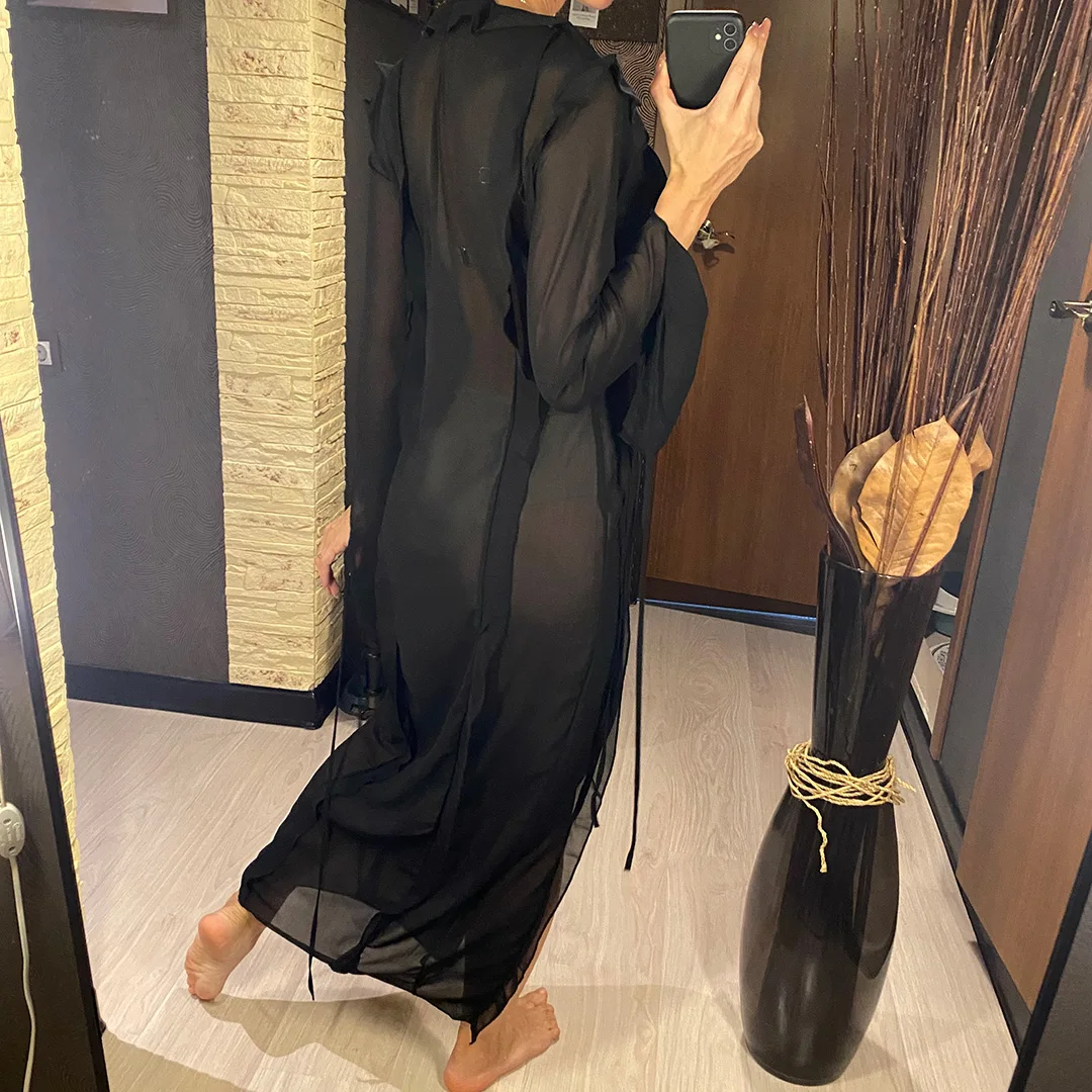 Langes Kleid mit tiefem V-Ausschnitt und hohem Schlitz, Rüschen, Strand-Cover-Up, Bikini-Cover-Up, Strandkleid, Strandmode, Damen V4440 – Detail 12
