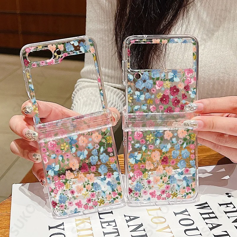 For Samsung Galaxy Z Flip 5 Z Flip 4 Z Flip 6 Flower Pattern Clear Case For Samsung Z5 Z4 Z3 Shockproof Hard PC Folding Cover