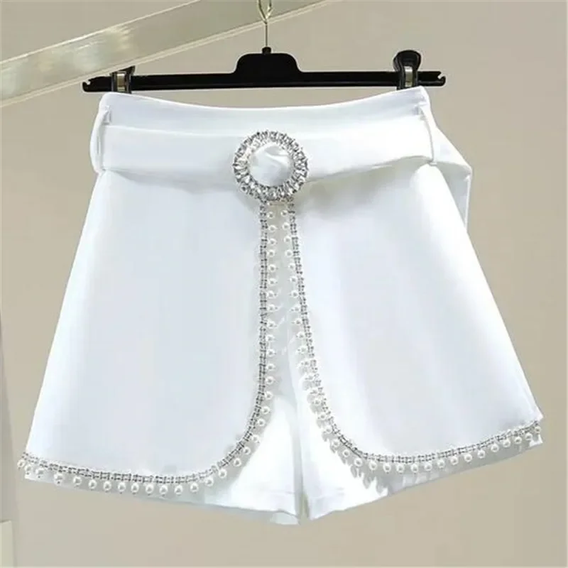 Calça feminina de perna larga com pérolas de diamante, saia curta solta coreana de cintura alta, terno casual feminino, verão, novo, 2022