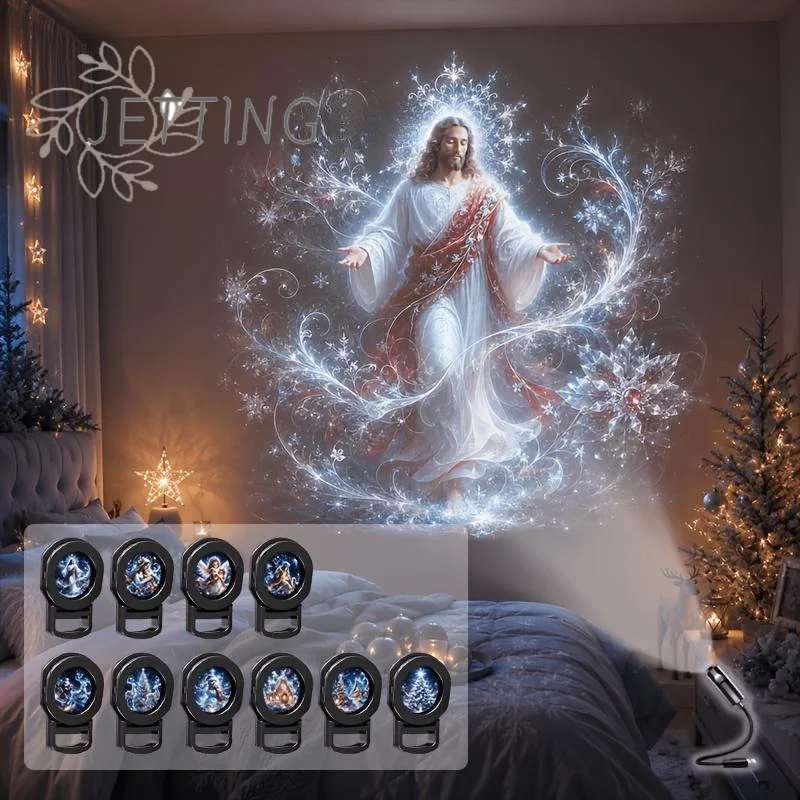 (DP11)USB Christmas Projector Light 10pc Pattern Adjustable Night Light Xmas Santa Snowman Church Nativity Projection Lamp Decor