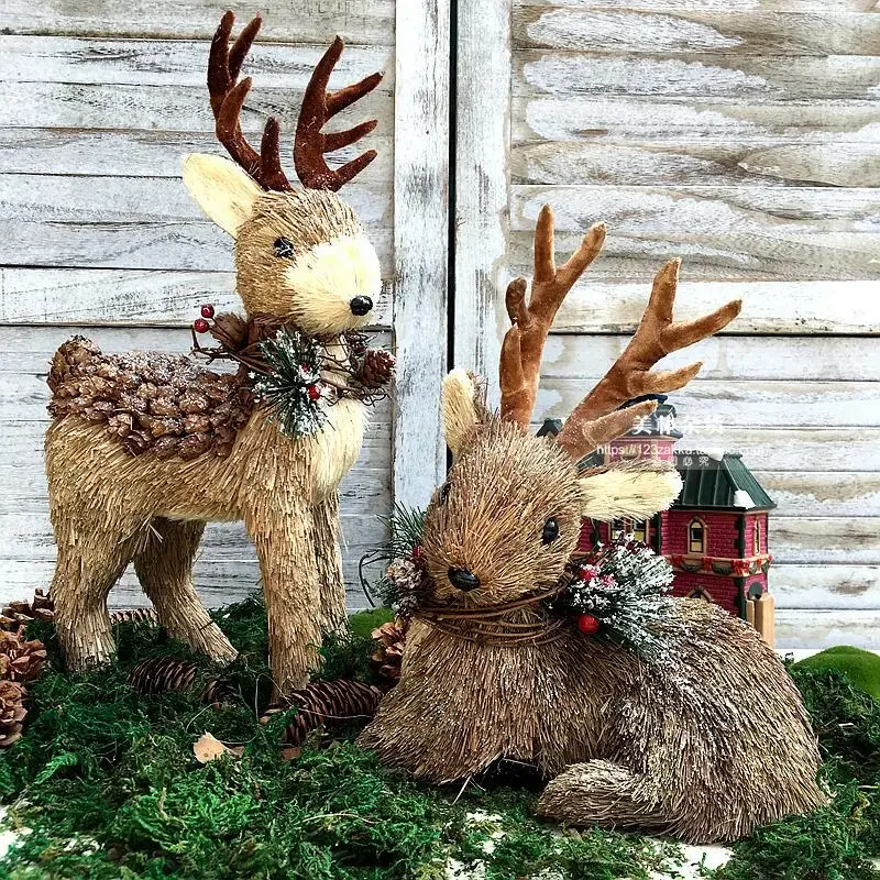 

Pastoral Straw Grass Sticky Elk Ornaments Bionic Animal Resin Crafts Christmas Gift Forest Wedding Decoration