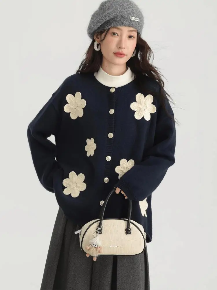 

Autumn Winter Blue Flower Decoration Long Sleeve Knitted Sweater Korean Women's Round Neck Single Breasted Cardigan Short Tops